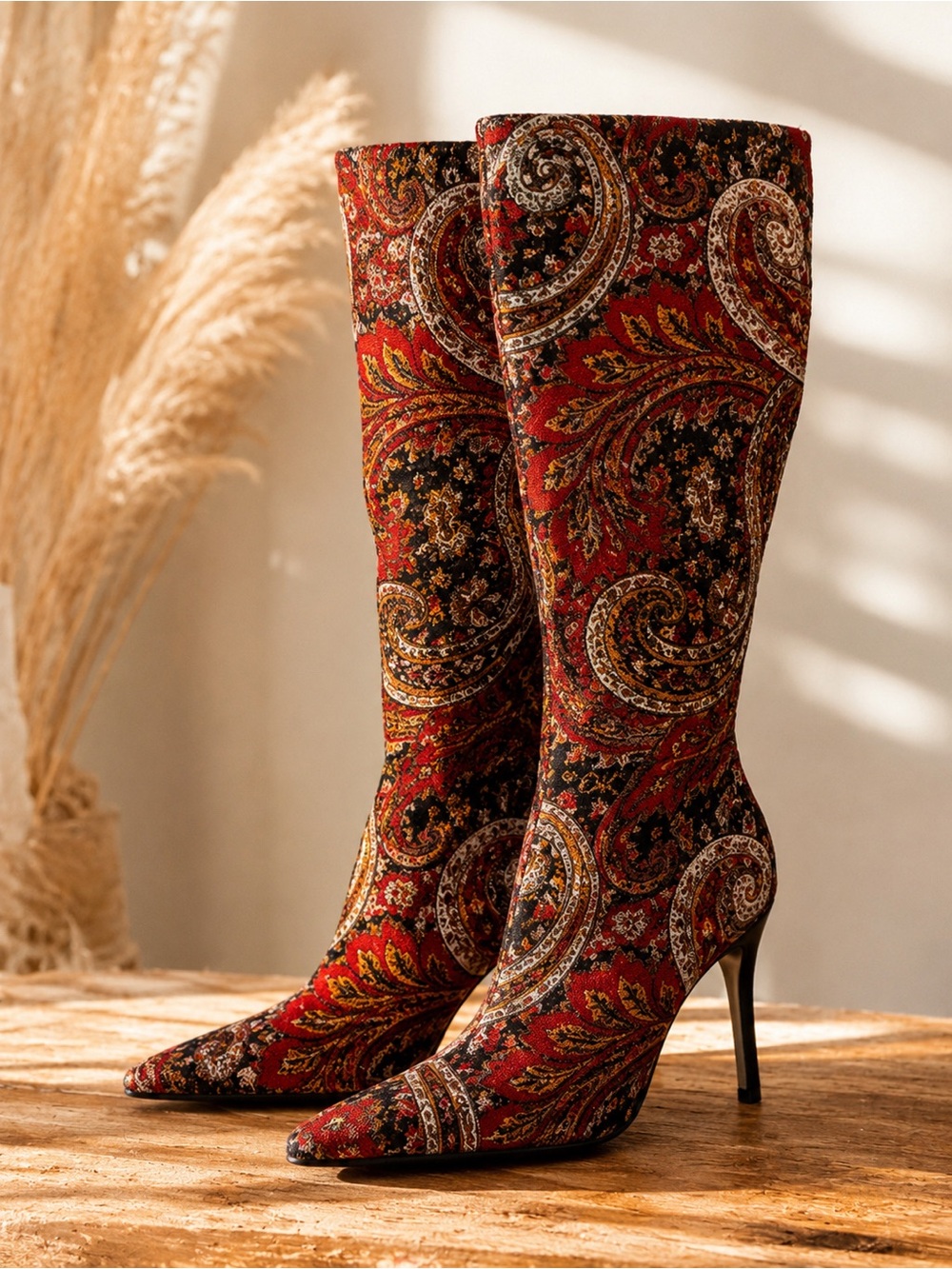 Paisley Tapestry Knee High Stiletto Boots Pointed Toe Women’s 7.5